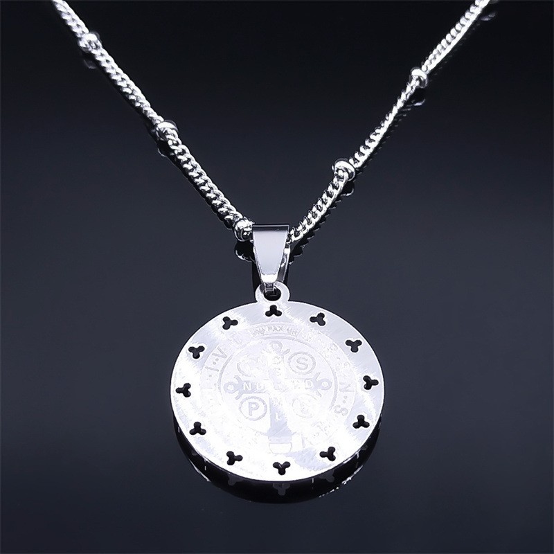 Stainless Steel Saint Benedict Round Medal Pendant Religious Jewelry Necklace