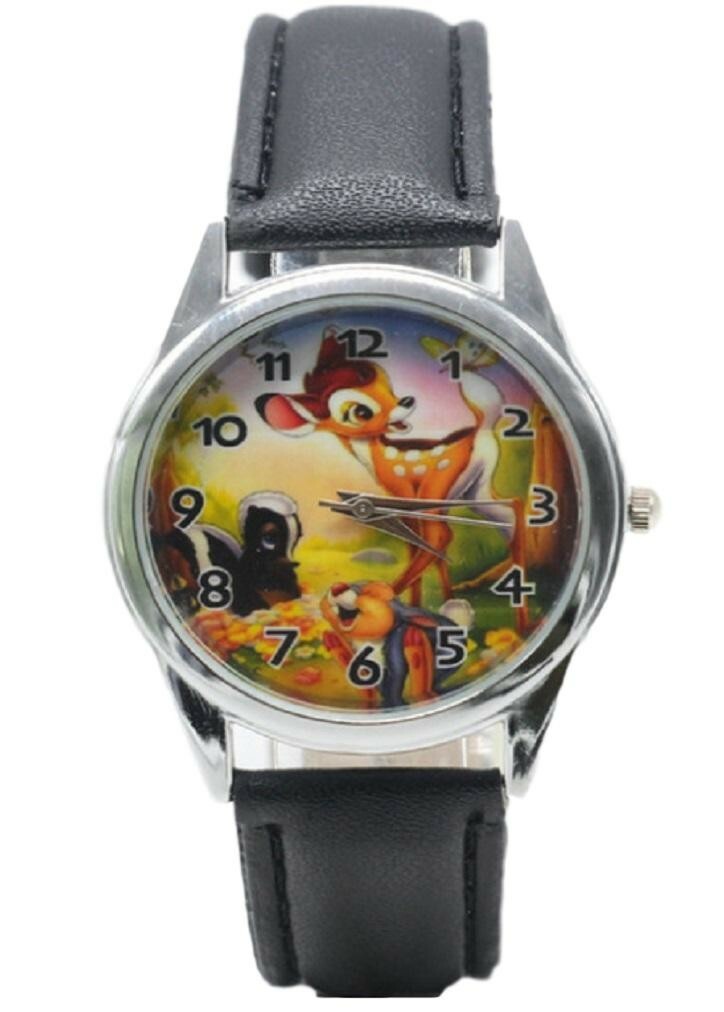 Bambi Cartoon Character Black Leather Band Wrist Watch