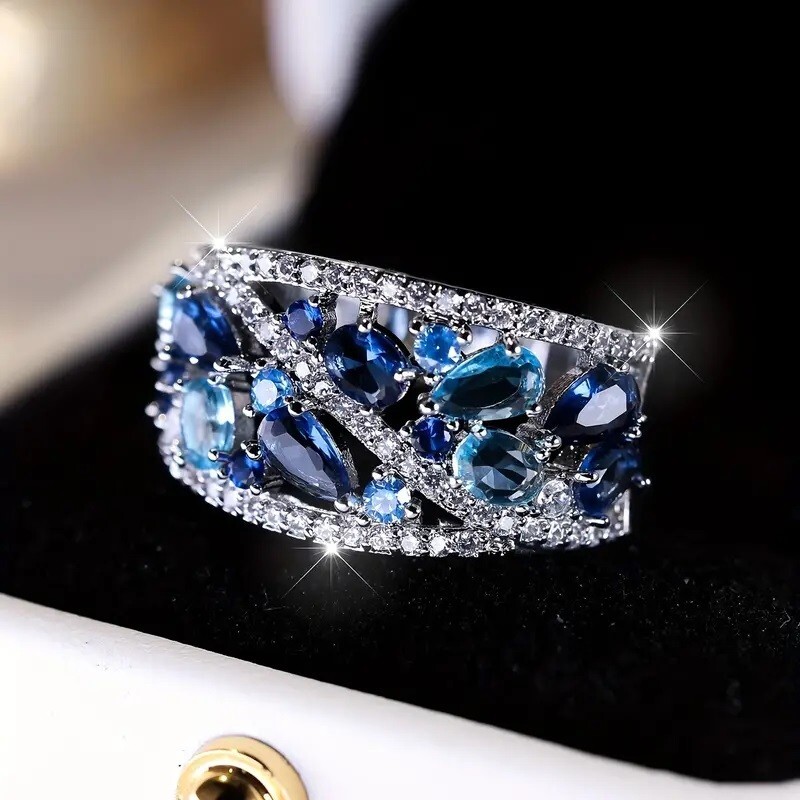 Elegant 925 Sterling Silver Blue White Topaz Wedding Engagement Ring Size 10