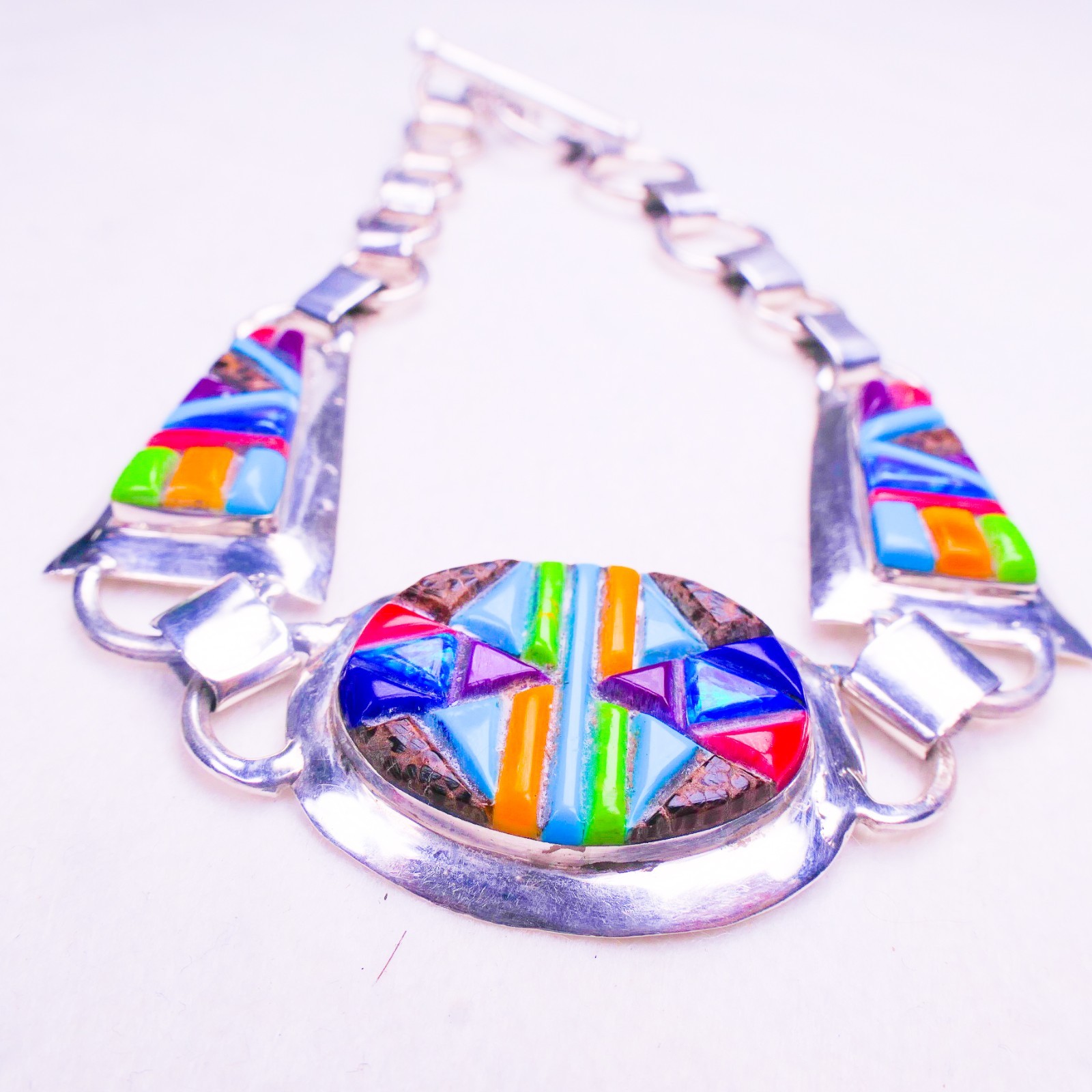 Native Sterling Silver Multi-Gemstone Inlay Cobblestone Toggle Bracelet 17.55g