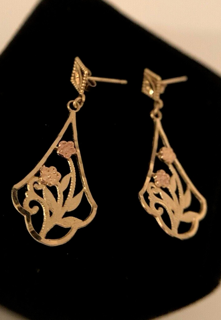 10k YelGold Rose Flower Drop Earrings,32mm x 13mm/28mm Drop,1.2g,FREEgftBx$4valu