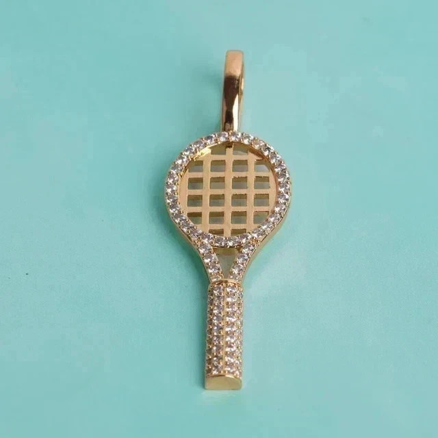 2Ct Round Cut Real Moissanite Tennis Racket Charm Pendant 14K Yellow Gold Plated