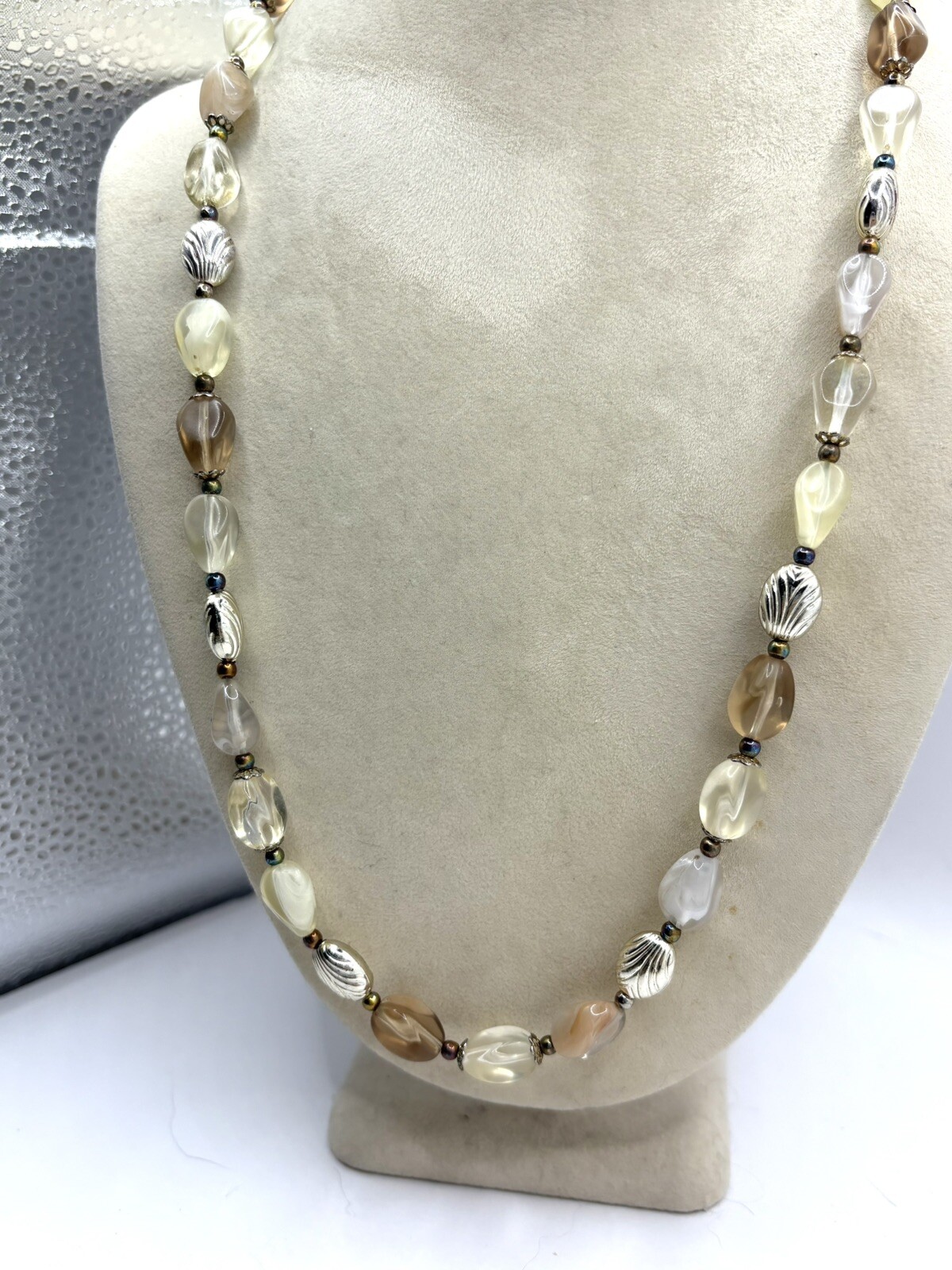 Multi Colored Neutral Beaded Necklace Cream, Champagne & Blush Silvertone Metal