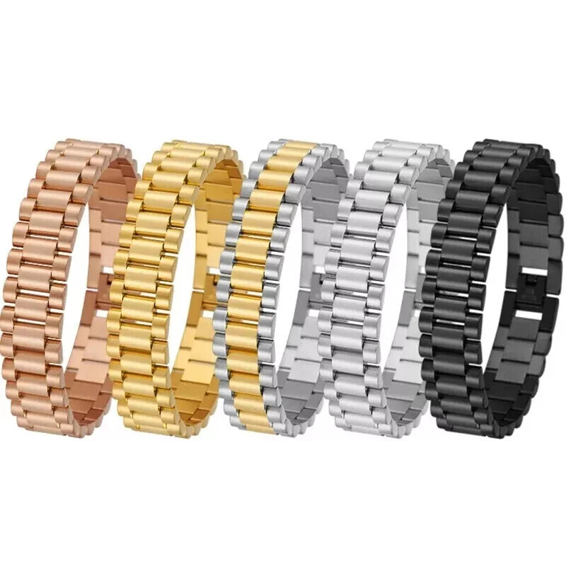 15MM Wide 8/8.86‘’ Watch Chain Wristband Bracelet Gold Plated Stainless Steel