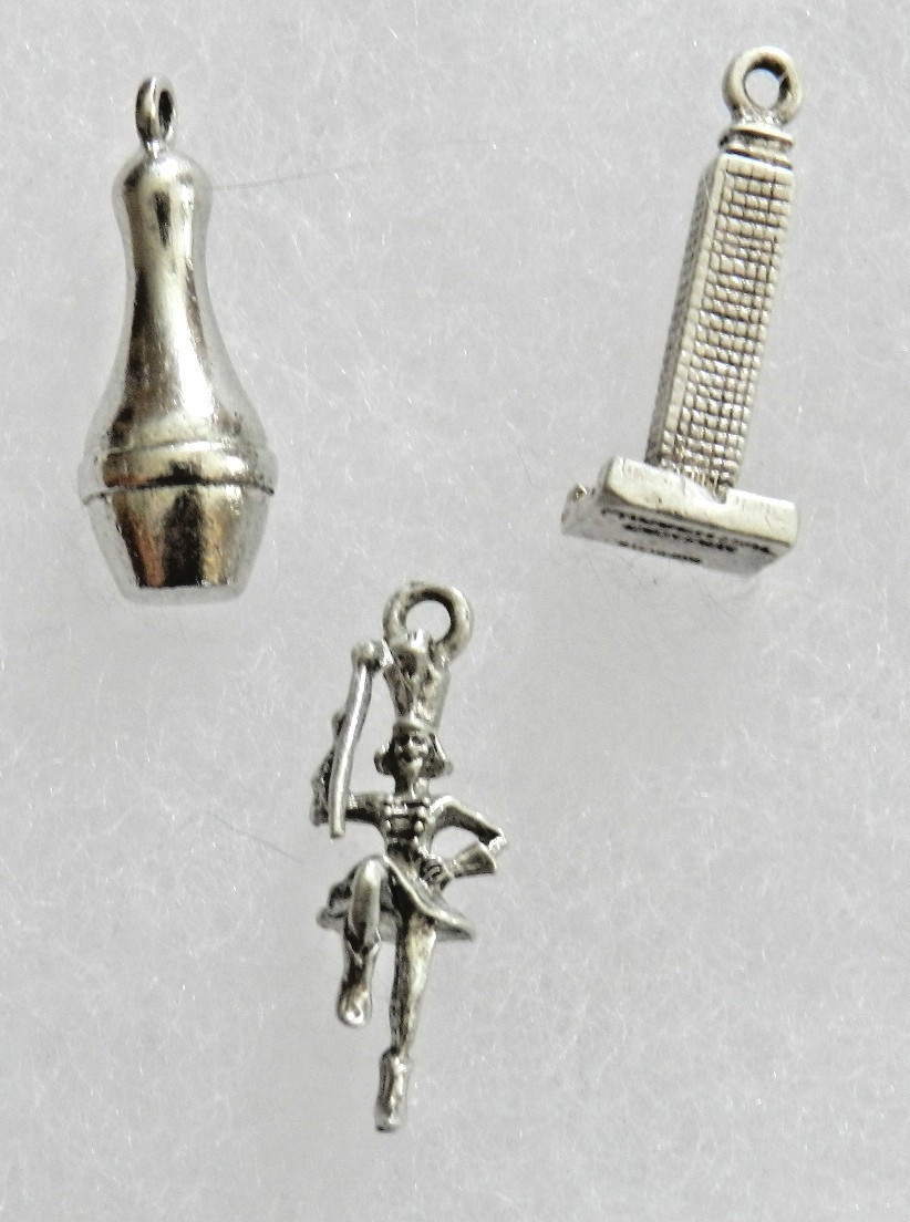 3 Vintage Sterling Charms-Prudential Center-Boston-Bowling Pin-Majorette-5.7 gr