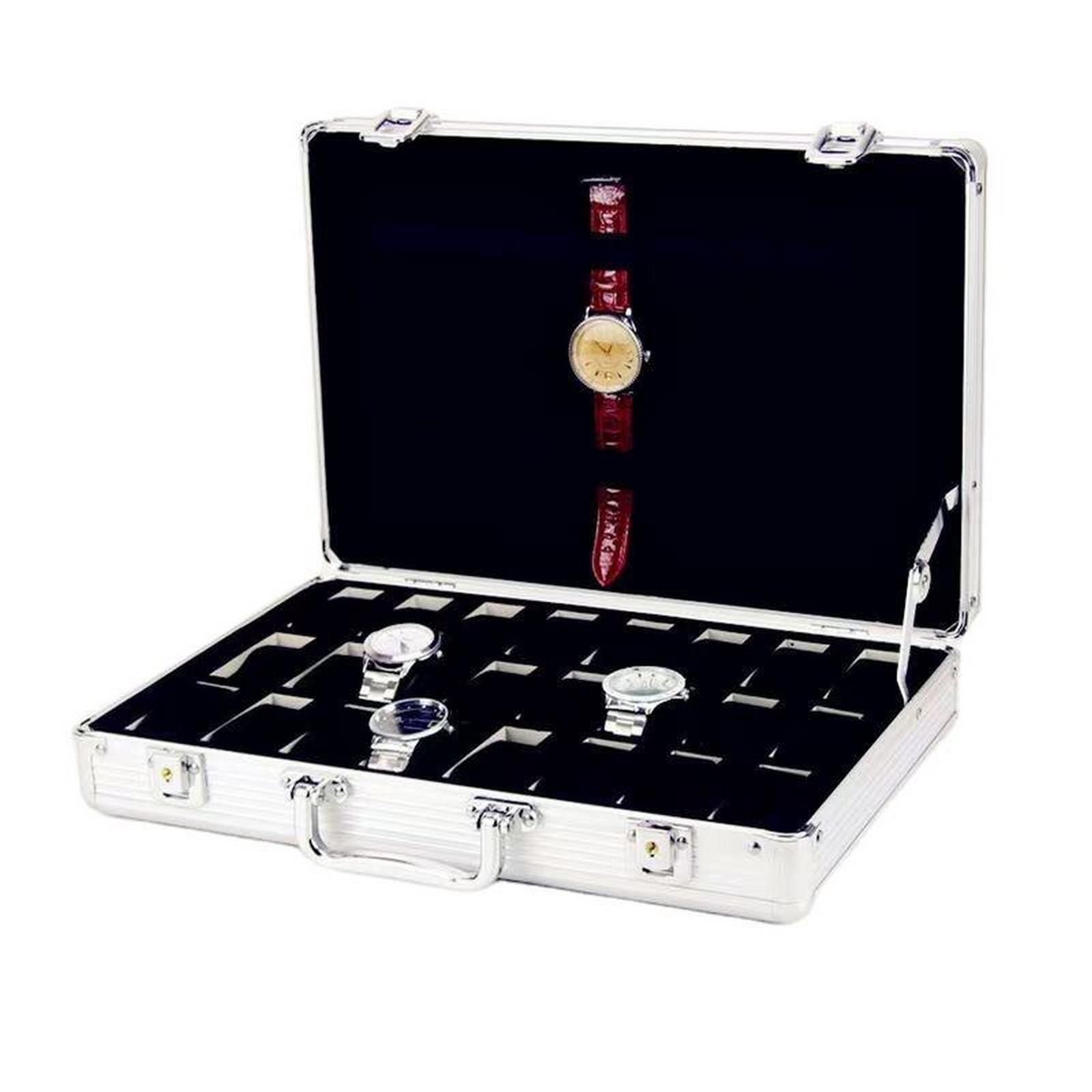 24 Grid & 8 Slots Aluminum Watch Display Case Lockable Jewelry Storage Showcase