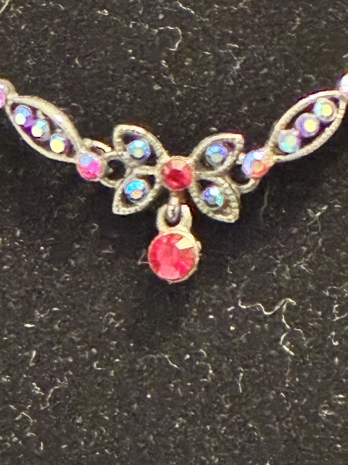 1928 Jewelry Co Silver Pink Rhinestone Butterfly Choker Necklace Aurora Borealis