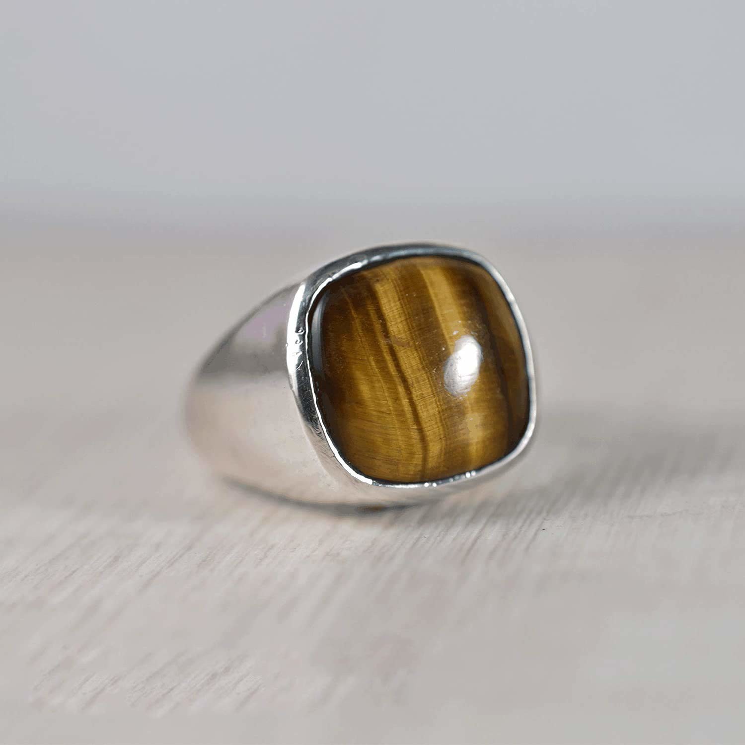 Solid 925 Sterling Silver Natural Brown Tiger’s Eye Cushion Men’s Unisex Ring