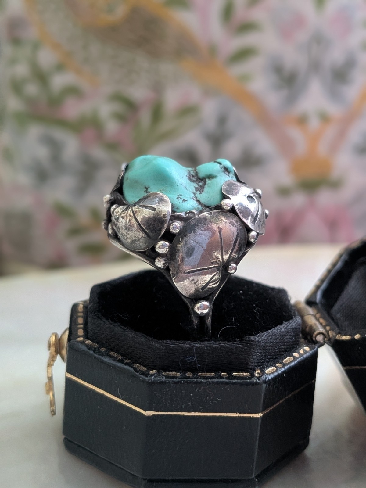 Vintage Mary Gage Turquoise & Sterling Ring- Lily Pad Motif