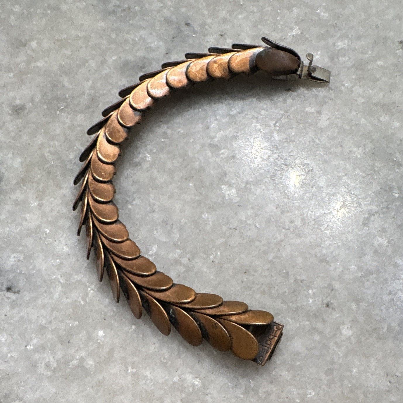 Copper Tone Leaf Link Bracelet, Box Clasp Closure, Nature Theme, 1940-1950’s