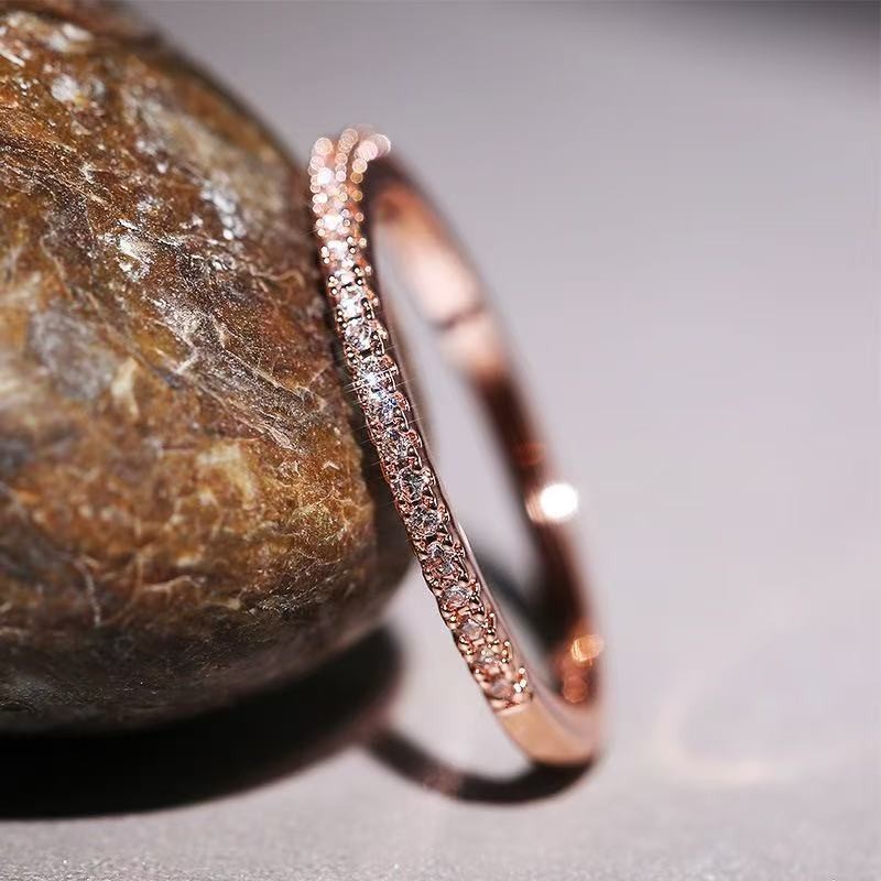 Classic Women 18K Gold Plated 2MM Thin Sparkling CZ Band Ring Wedding Engagement