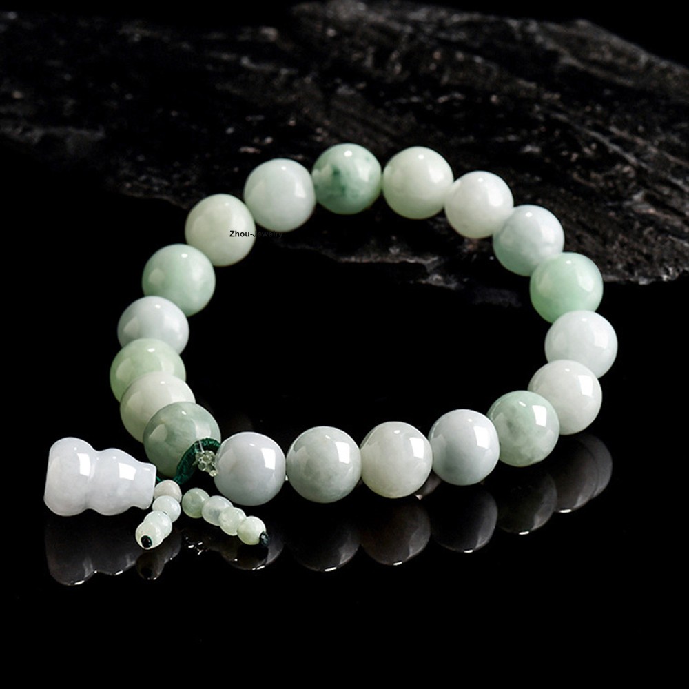 Natural Jadeite Beaded Bracelet with Gourd Charm – Elastic Stretch Grade A Jade