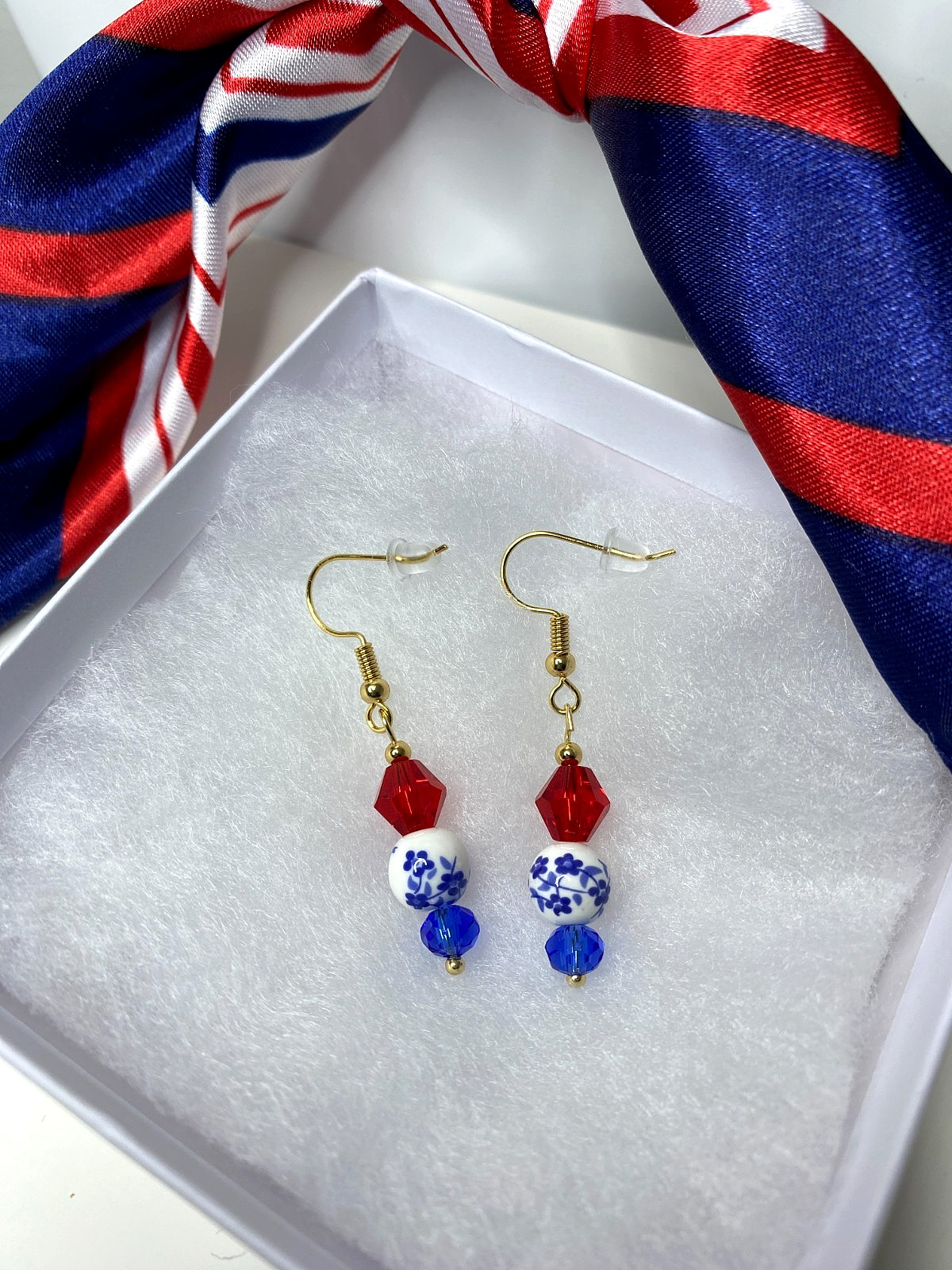 Handmade Patriotic Earrings jewelry red white blue 18KT GP plus Free Scarf