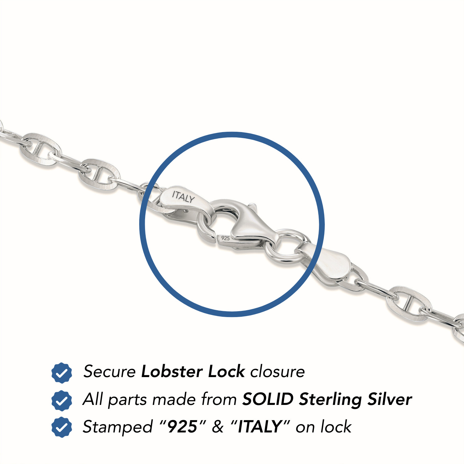 Solid 925 Sterling Silver 2.75mm Anchor Mariner Chain Italian Bracelet 7″ 7.5″