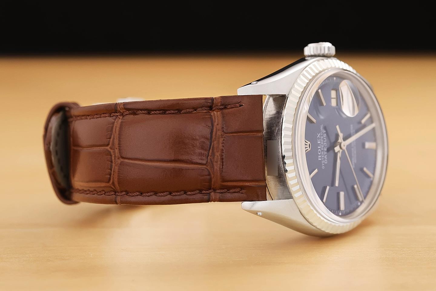 ROLEX MENS DATEJUST 1601 BLUE DIAL 18K WHITE GOLD STEEL WATCH w/ LEATHER BAND
