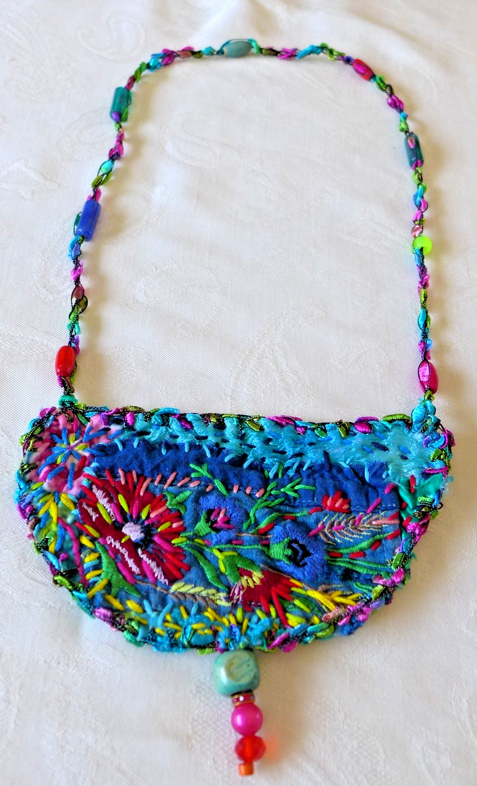 Handmade Crocheted art Necklace Cotton Fabrics embroidered crocheted+ Beads