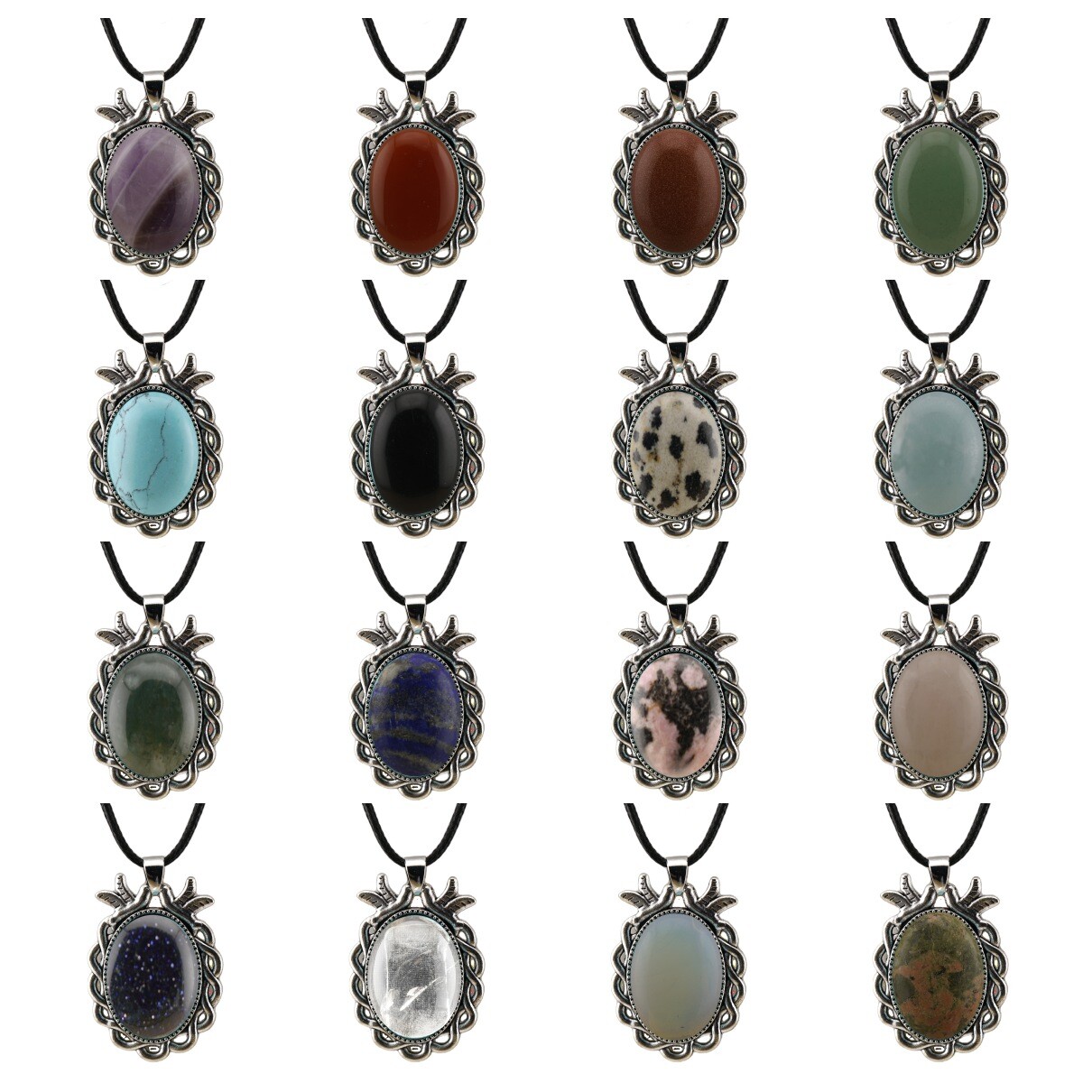 Natural Gemstone Oval Pendant with Lace and Bird Feather Wrapped Necklace