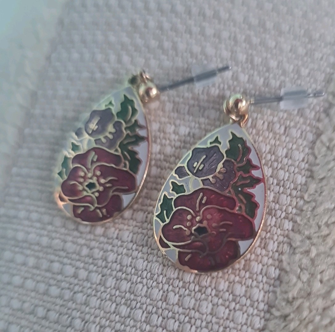 FISH AND CROWNFLORAL CLOISONNE TEARDROP shaped drop EARRINGS Multicoloured