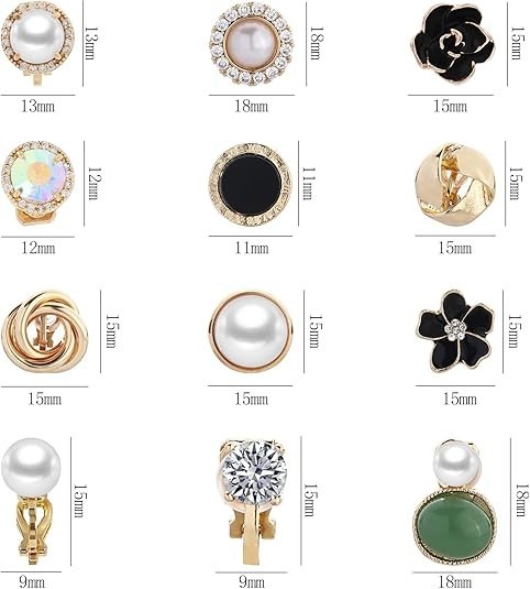 12 Pairs Clip-On Earrings for Women Cute Crystal Pearl Non-Piercing Studs