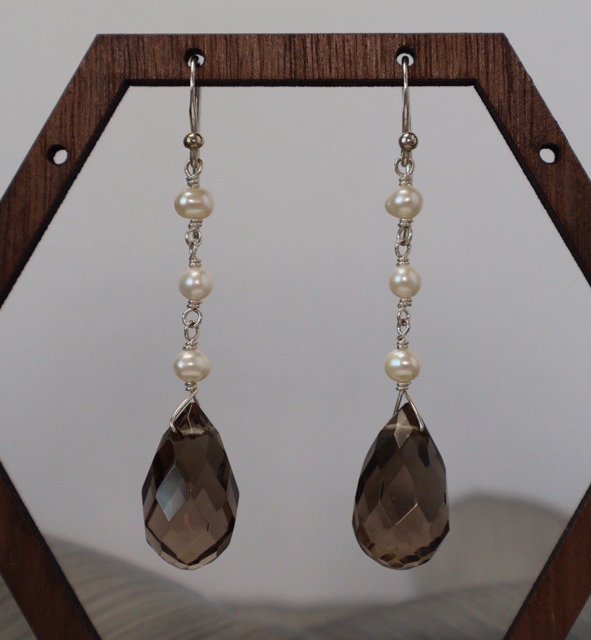 Barse 925 Smokey Quartz & Pearl Dangle Earrings 8.01G / 2.3in