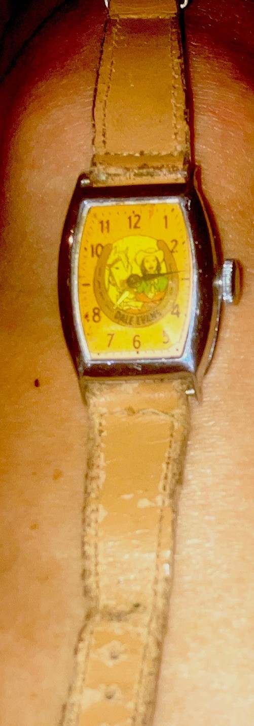 1950s Dale Evans Analog Wristwatch Yellow Dial Arabic Numerals Tan Leather Strap