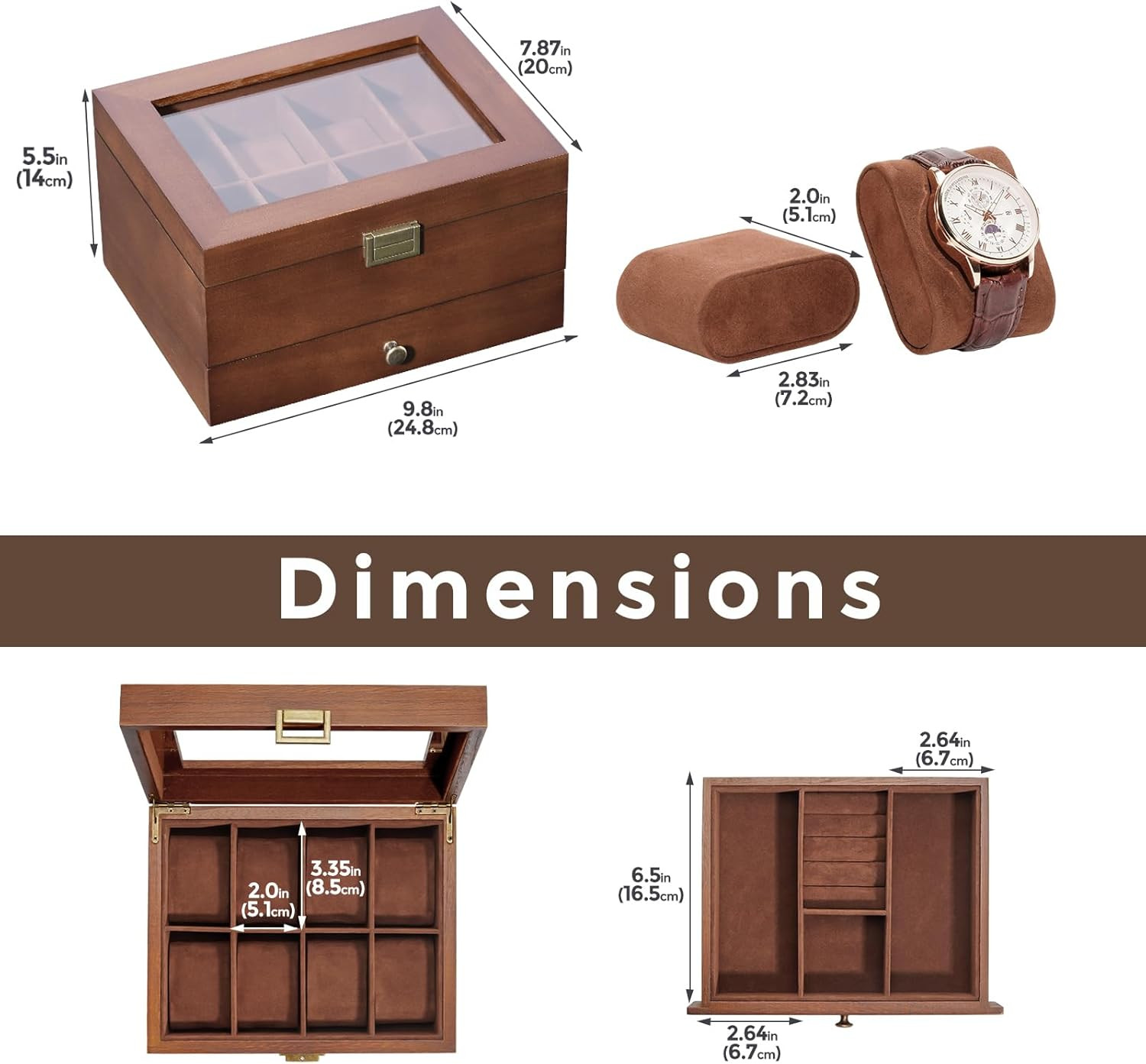 Wooden Watch Case for Men, 8 Slot Mens Watch Box with Drawer, 2-Layer Watch Disp