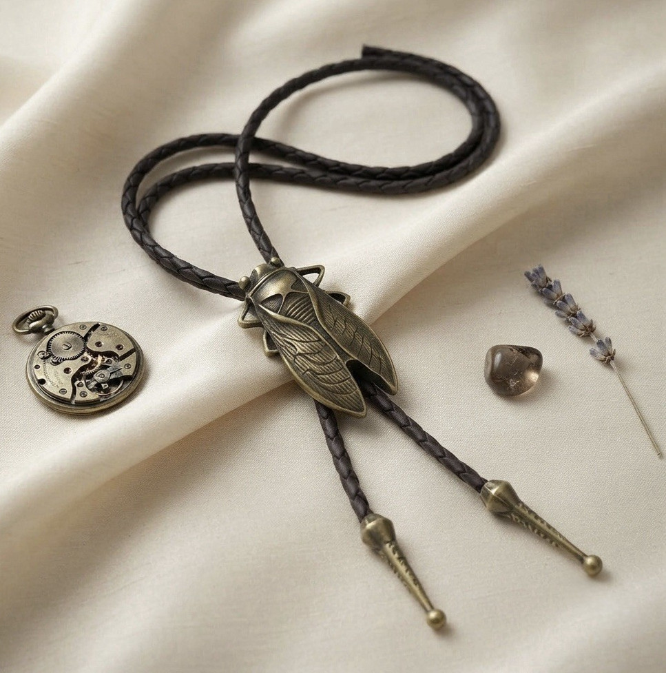 Men’s Western Leather Bolo Tie Black Cord Bronze Cicada Clasp Adjustable
