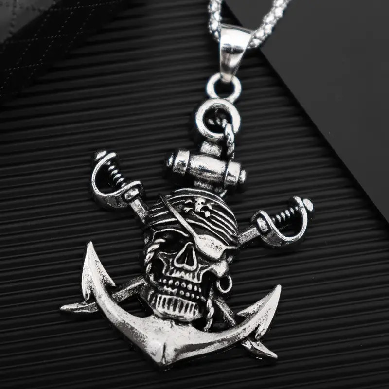 Pirate Skull Anchor Jewelry Vintage Silvery Nautical Ship Pendant Necklace