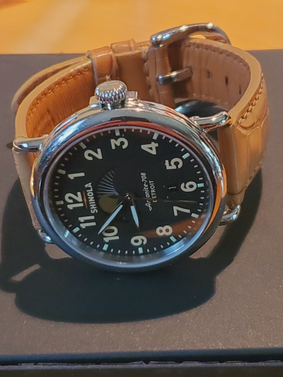 Shinola Runwell 41mm Moon Phase Watch, Argonite-708 Stainless, tan leather band