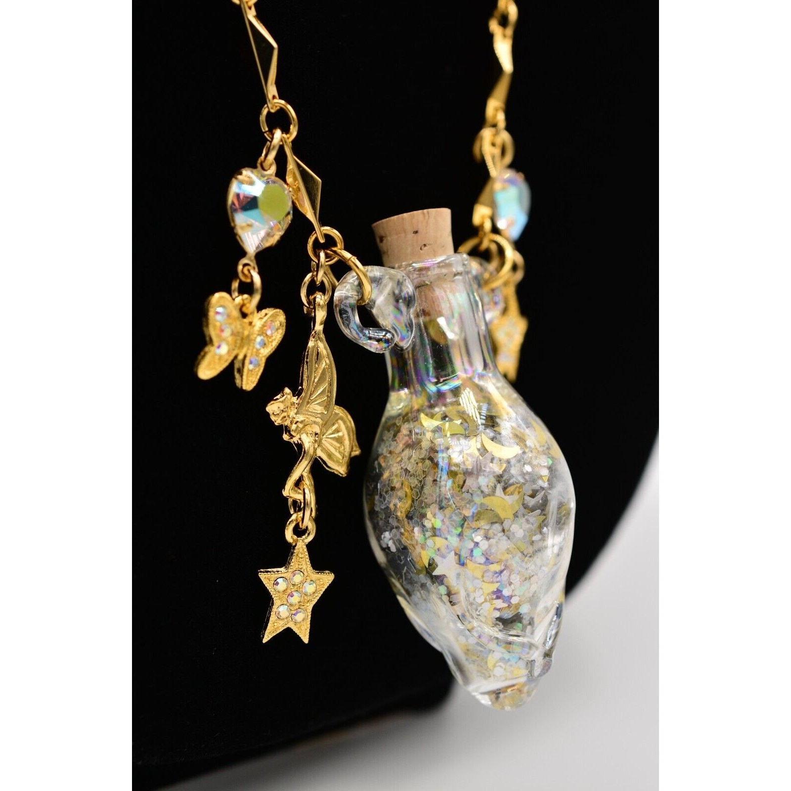 Kirks Folly Bottle Necklace Pixie Glitter Charm Crystal Rhinestone Gold NOS BOX