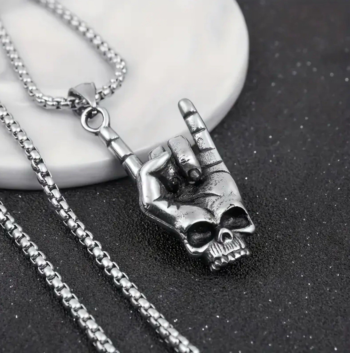 Rock Skull Hand Necklace Punk Awesome Silver 304L Stainless Steel Pendant