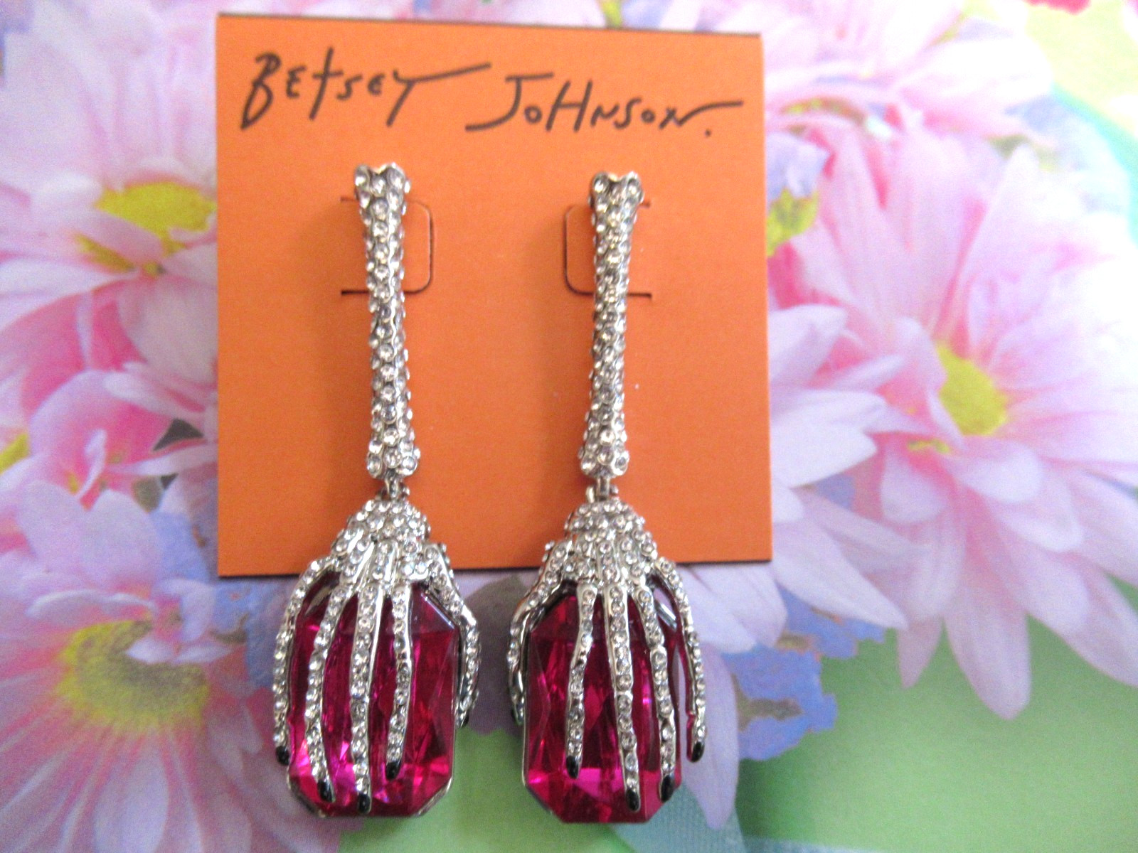 Betsey Johnson Rich Witch Hanging Skeleton Hands Crystals Pink Gem Drop Earrings