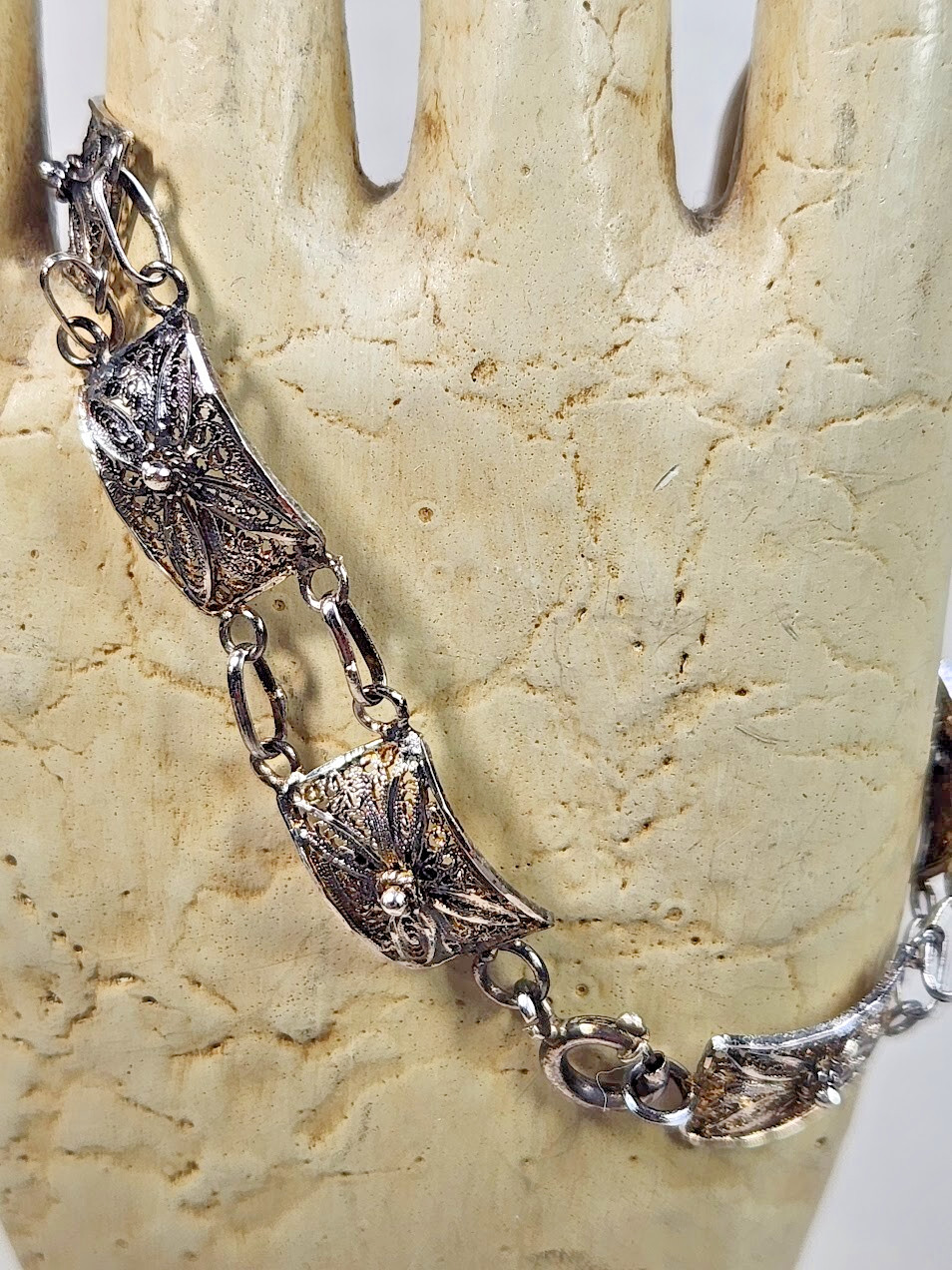 Topazio Portugal Link Articulated Filigree 925 Sterling Silver Bracelet 7.25in