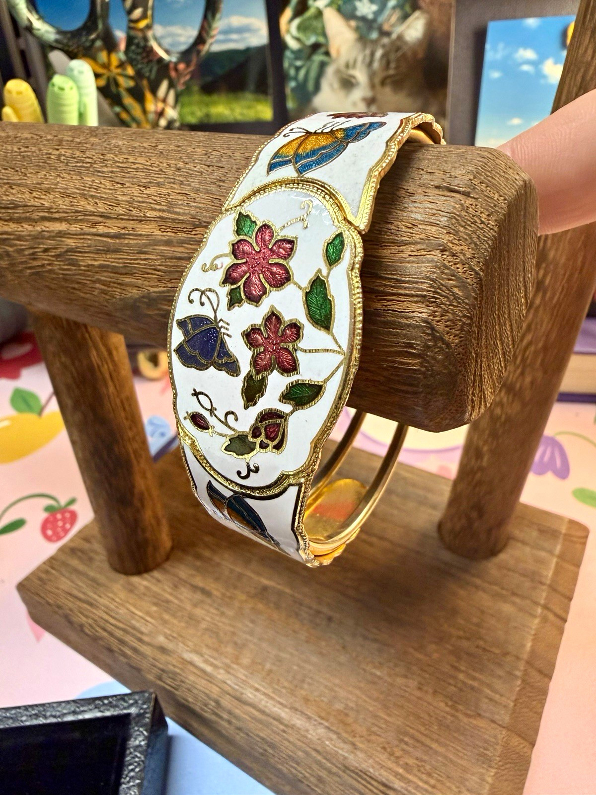 Vintage Cloisonné Gold Tone Floral & Butterfly Clamper Bracelet