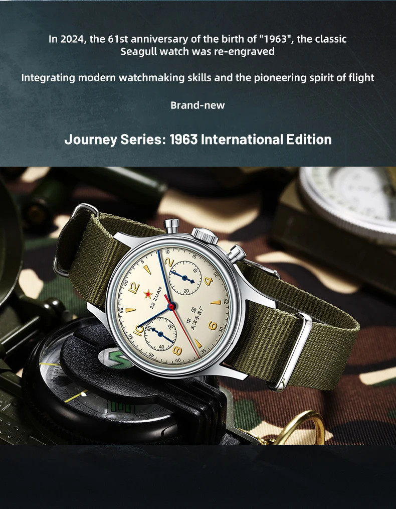 Seagull 1963 Chronograph — ST1901 Manual Wind, Beige Dial, NATO, D304