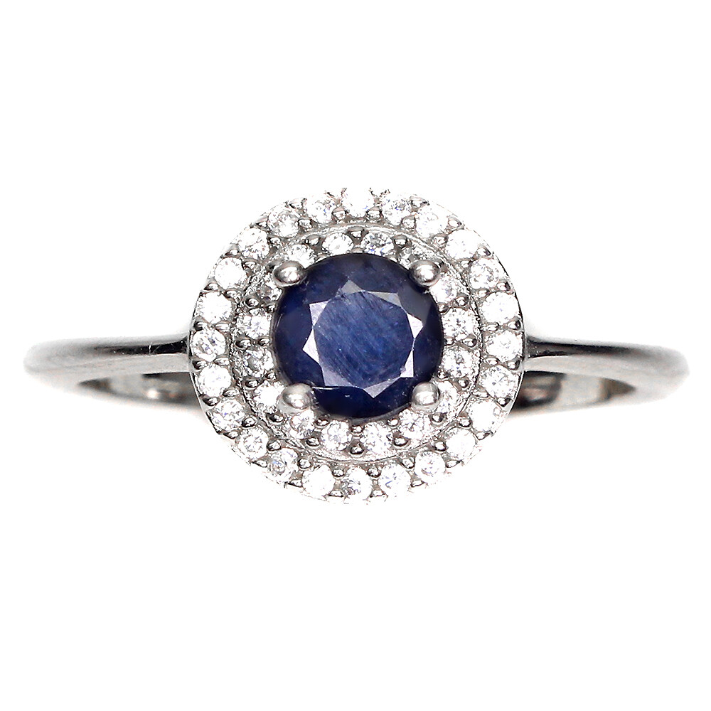 925 Sterling Silver Diffused Round Blue Sapphire 5mm Simulated Cz Ring Size 7