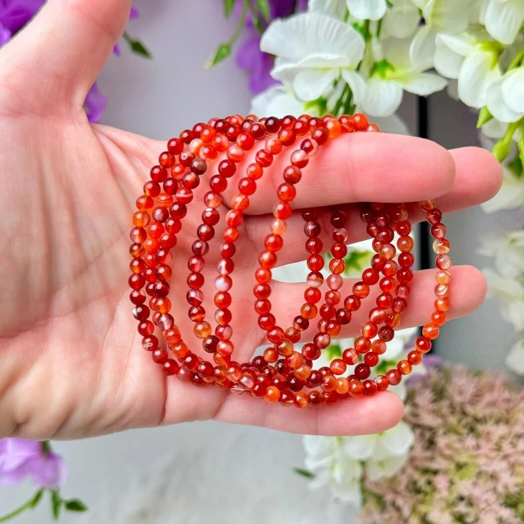 Natural Carnelian 4mm Round Bead Healing Gemstone Layering Stretch Bracelet Gift
