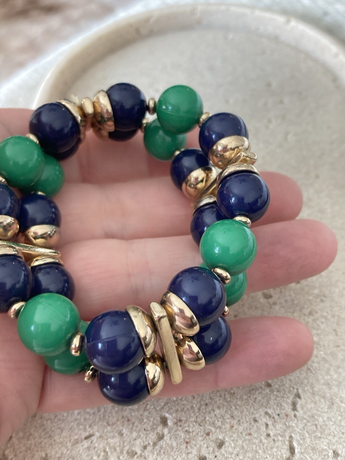 Chunky Beaded Stretch Bracelet Blue Green Gold Tone Preppy Statement Nautical