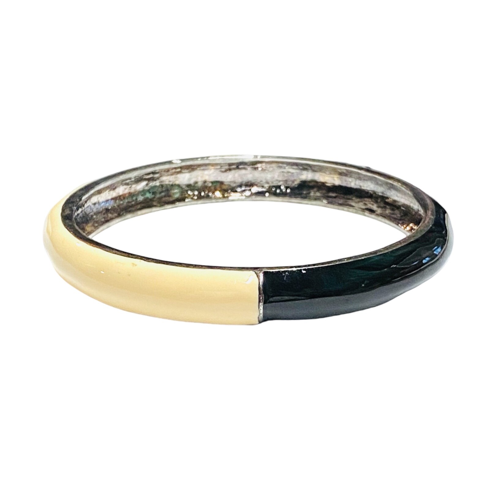 Vintage Black & Cream White Enamel Silver Tone Bangle Hinged Bracelet Clamper