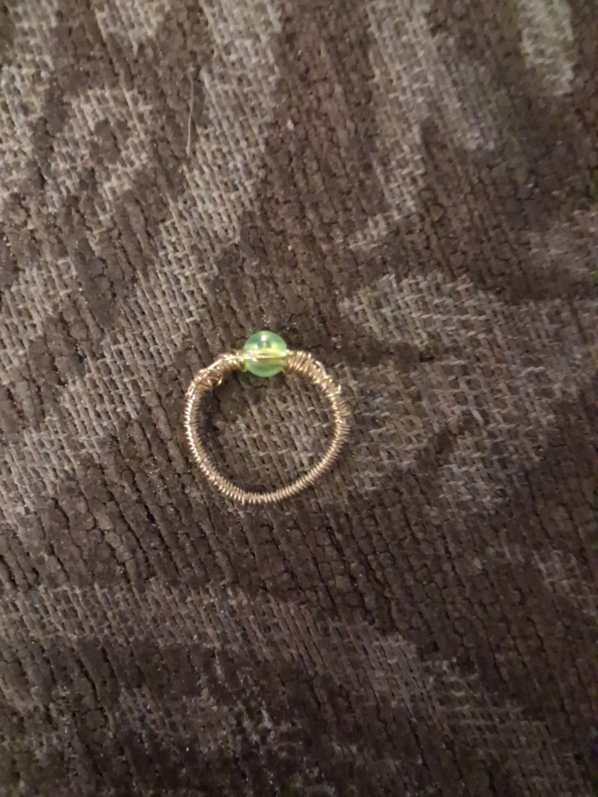 Brass Wrapped Wire Ring With Lime Green Bead