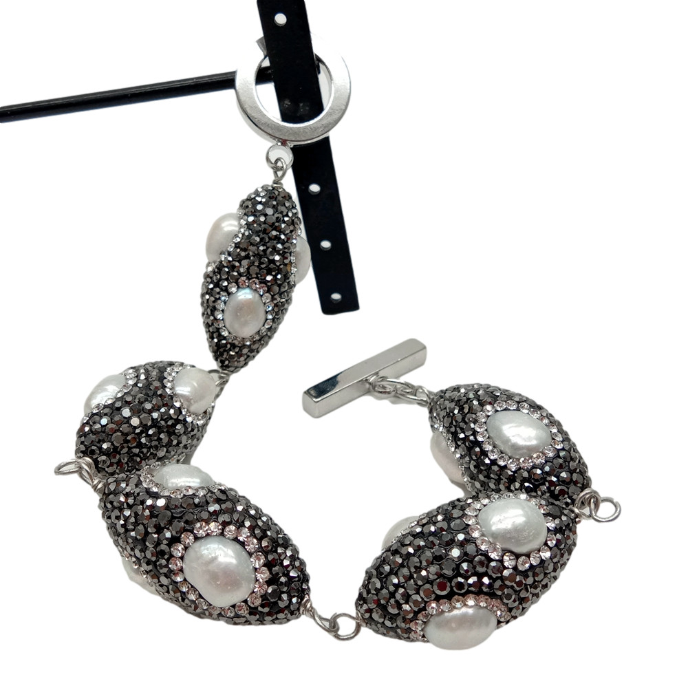 8.5″ Freshwater Cultured White Pearl Black Rhinestone Pave Olive shape Bracelet