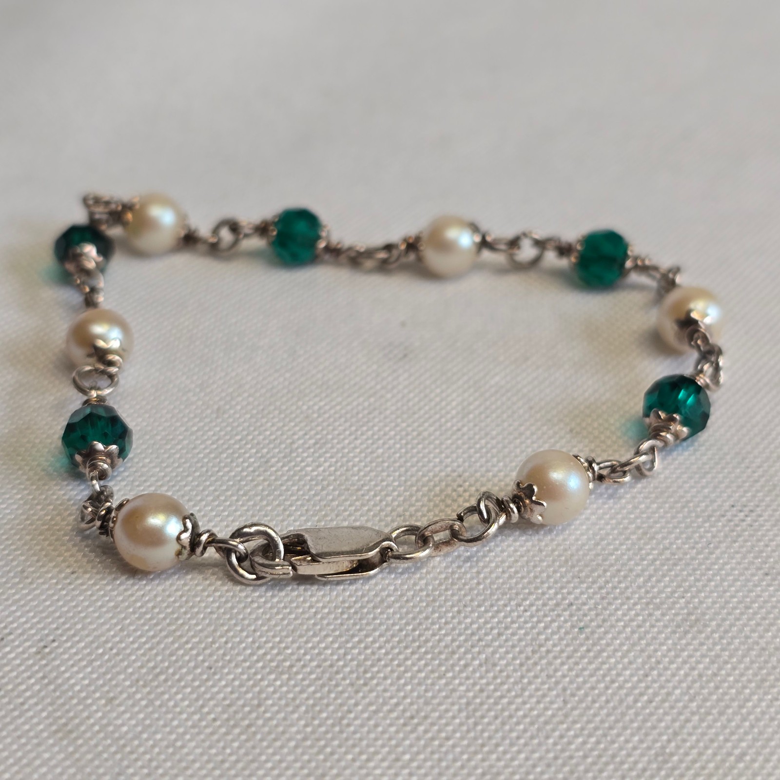 Sterling Silver Bracelet 7.36g Jewelry 7.5″ Faux Pearls & Green Stones *READ*