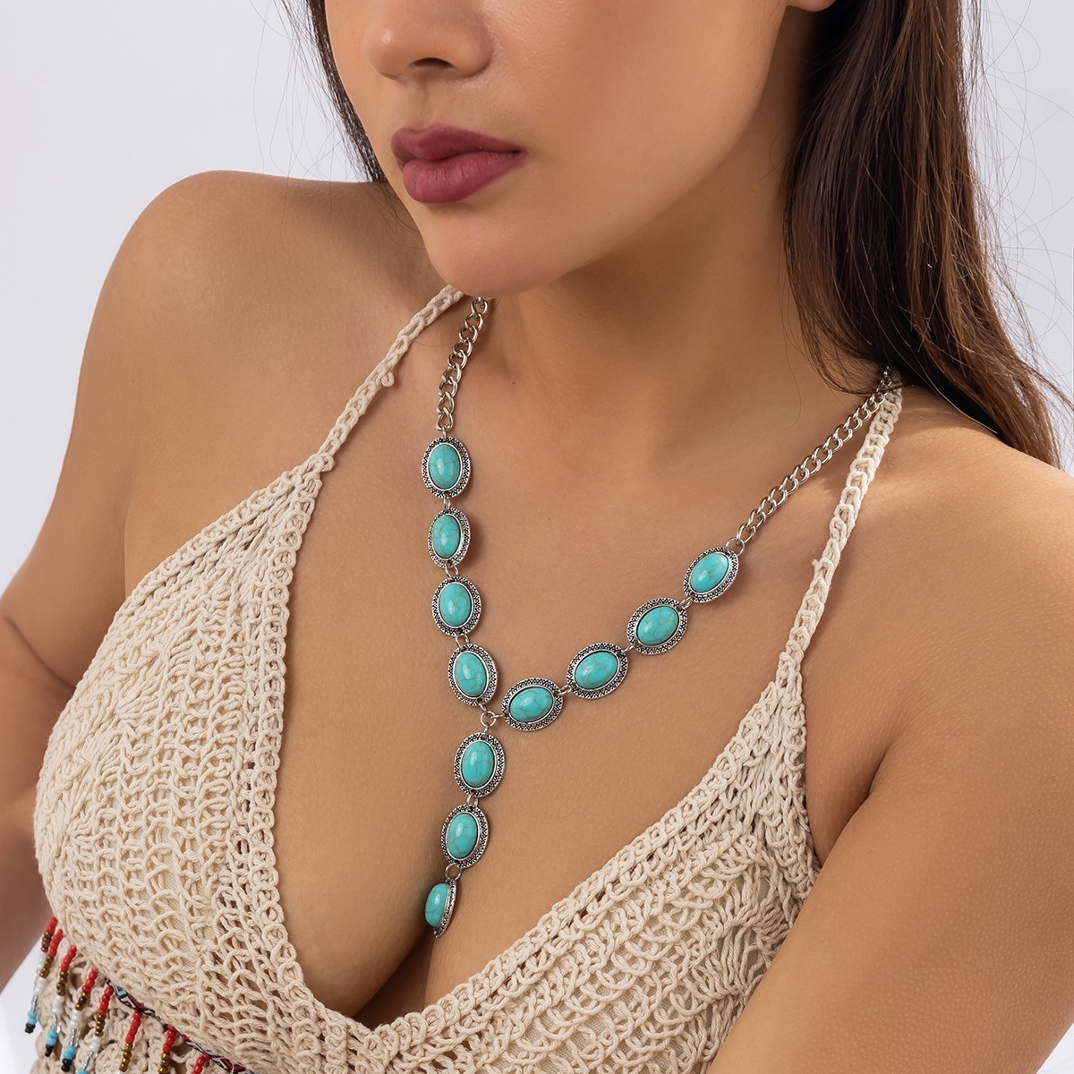 Boho Green Stone Pendant Necklace Women Punk Cuban Link Long Chest Chain Jewelry