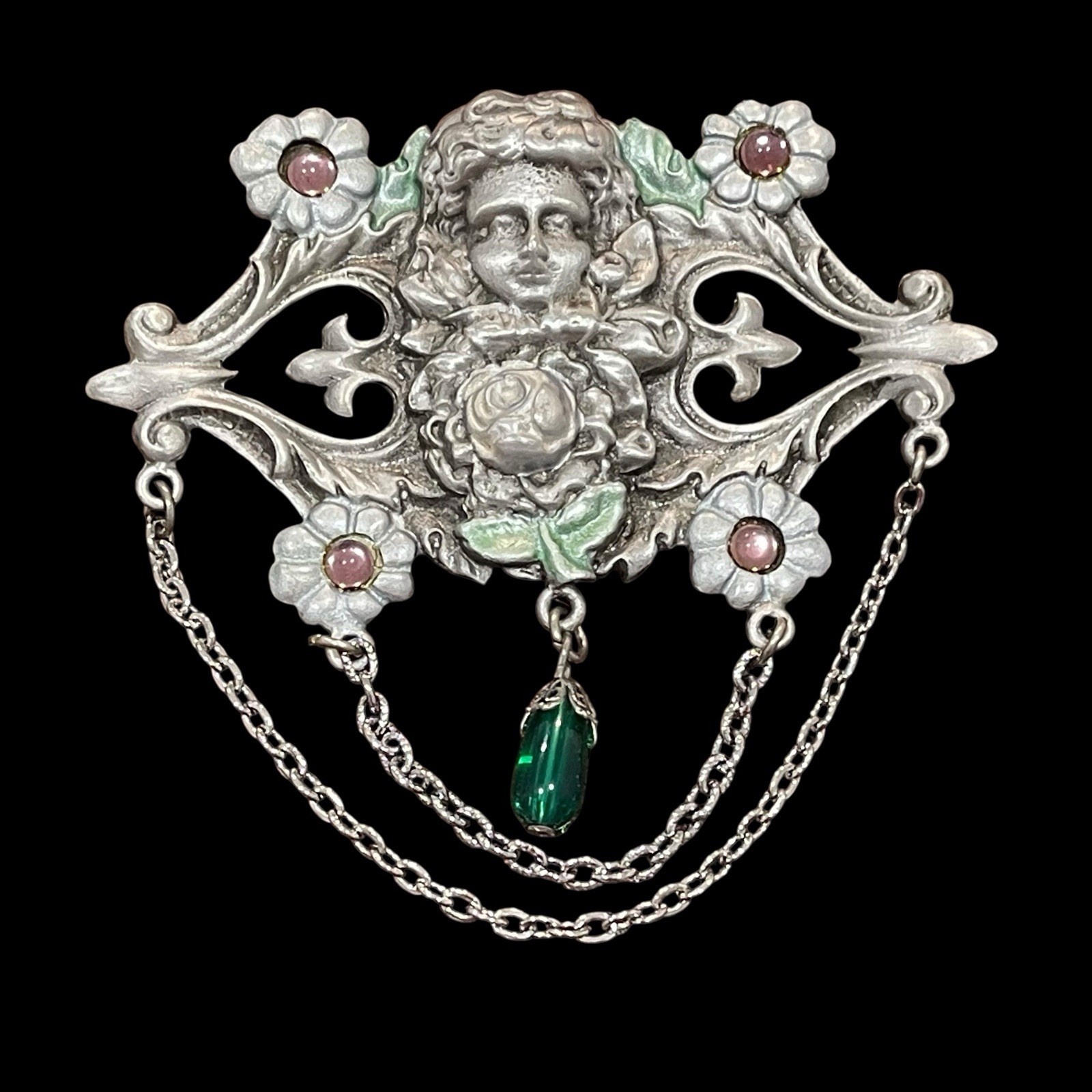 JJ Art Nouveau Pin Angel Cherub Flowers Tinted Silver Tone Green Teardrop Dangle