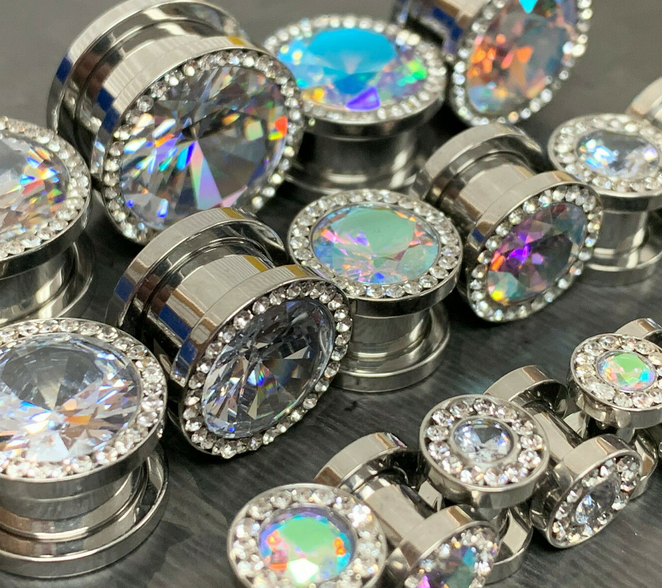 PAIR Large CZ Gem Rimmed 316L Surgical Steel Screw Fit Plugs Tunnels Gauges