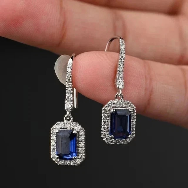 Emerald Cut Lab-Created Blue Sapphire Women’s Earrings 14K White Gold Plated