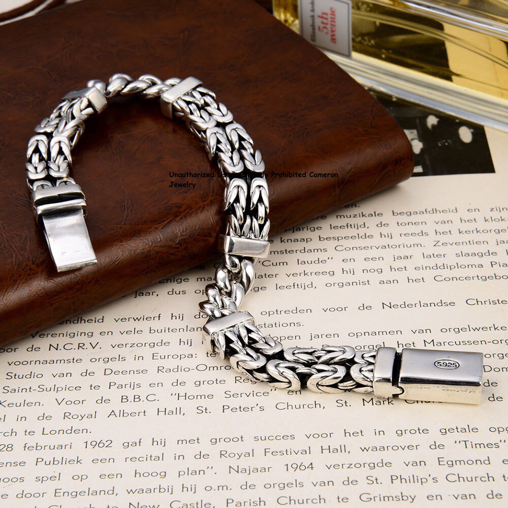 Pure S925 Sterling Silver Chain Men 11mm Curb Byzantine Link Bracelet 52g 8.26in