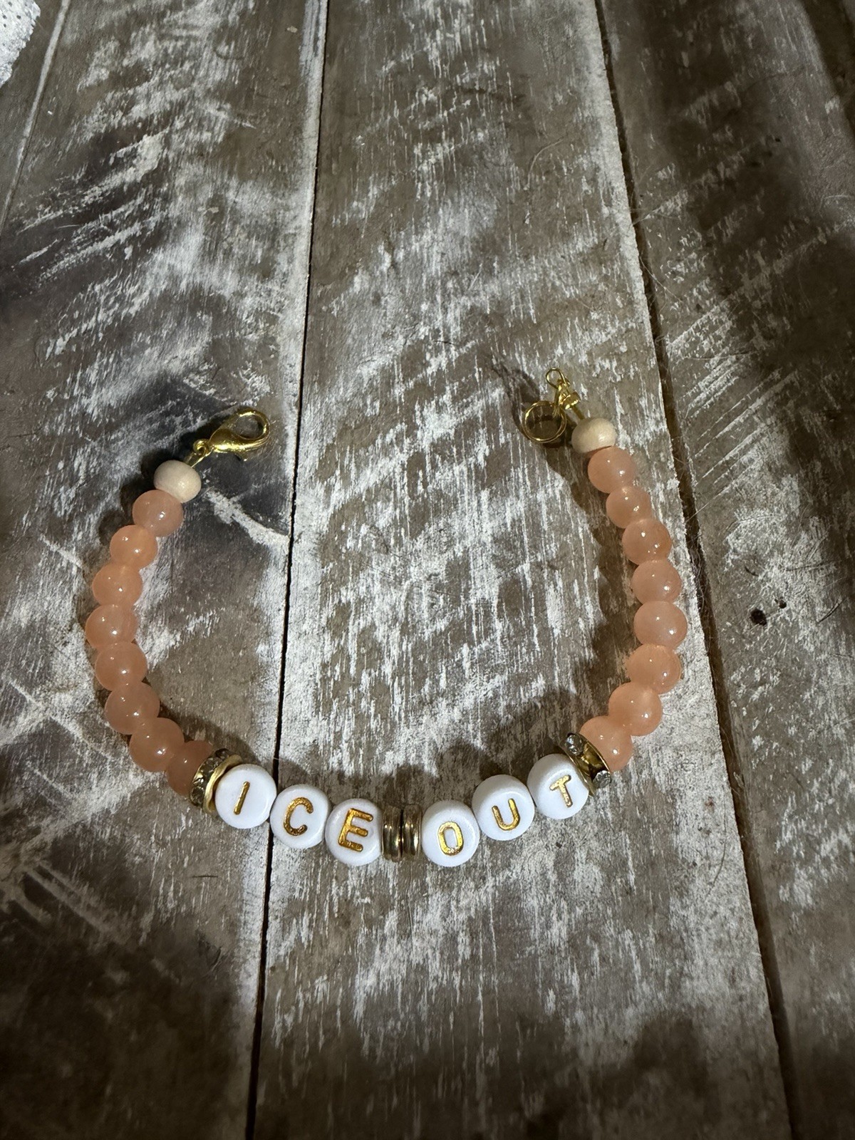 6” Peach, White & Gold Beaded Bracelet w/ Letter Beads “ICE OUT”