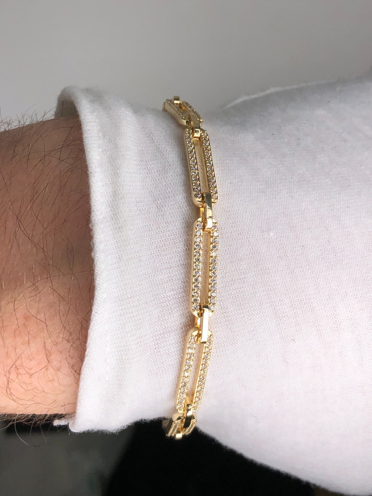 Italian 1/200 14k Yellow Gold Oro Overlay Iced CZ Paperclip Bracelet Pulsera in