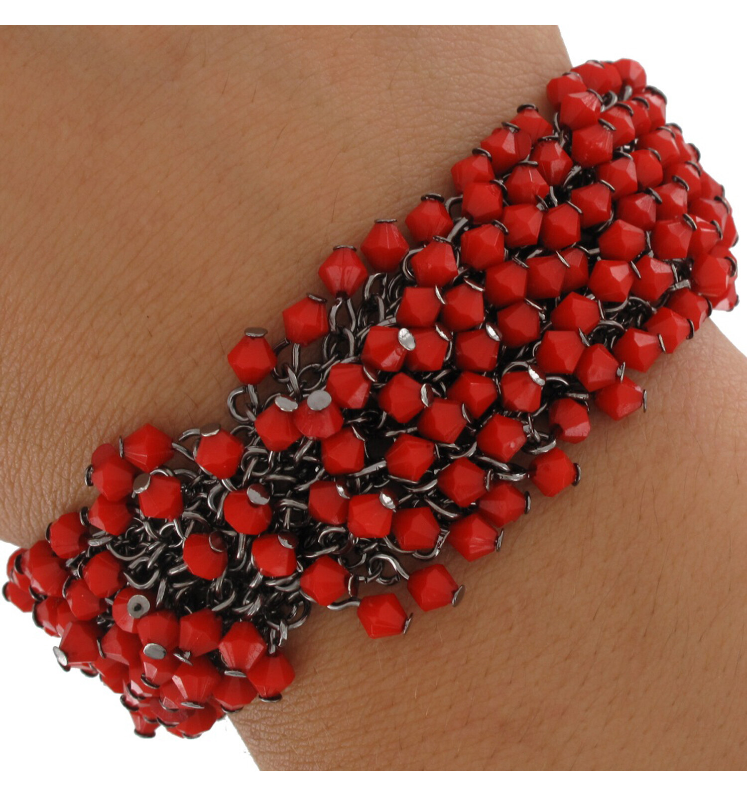 Red Fringe Beaded Dangle Pierced Earring 1/2″ + Bracelet 7- 9″ Adjustable Set